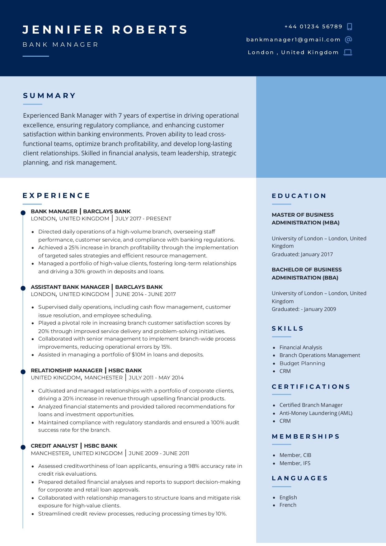 Bank Manager Resume