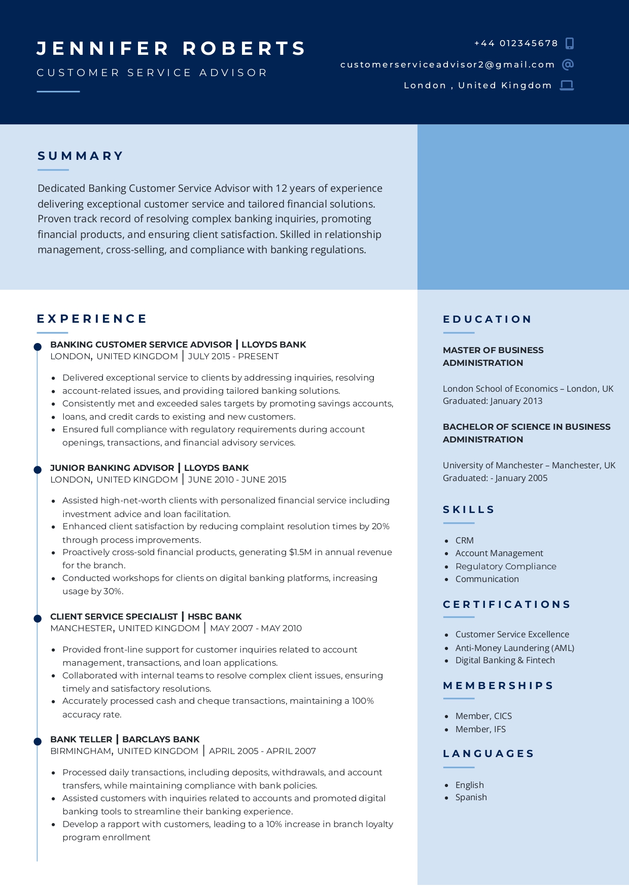 Banking Customer Service Advisor Resume