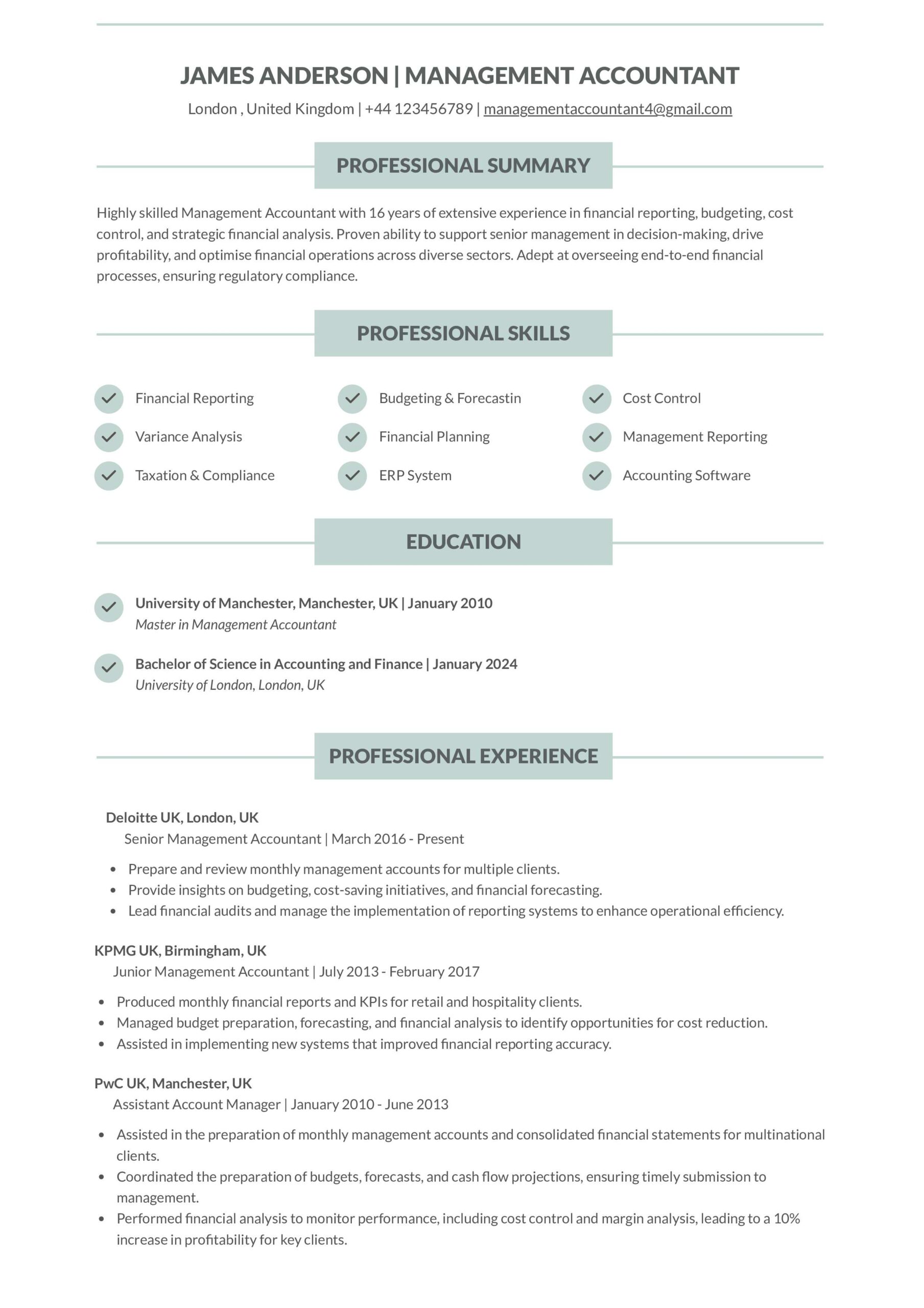 Management Accountant Resume
