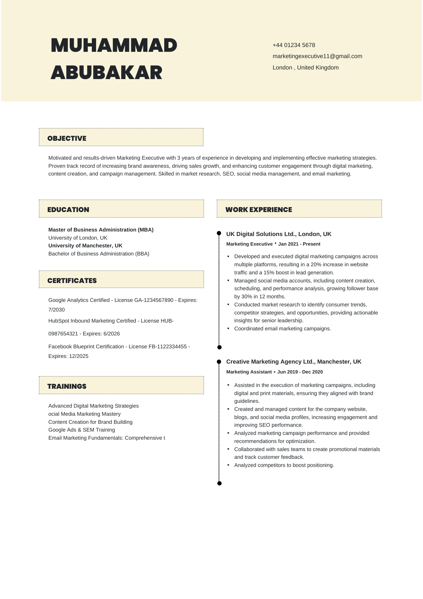 Marketing Executive Resume