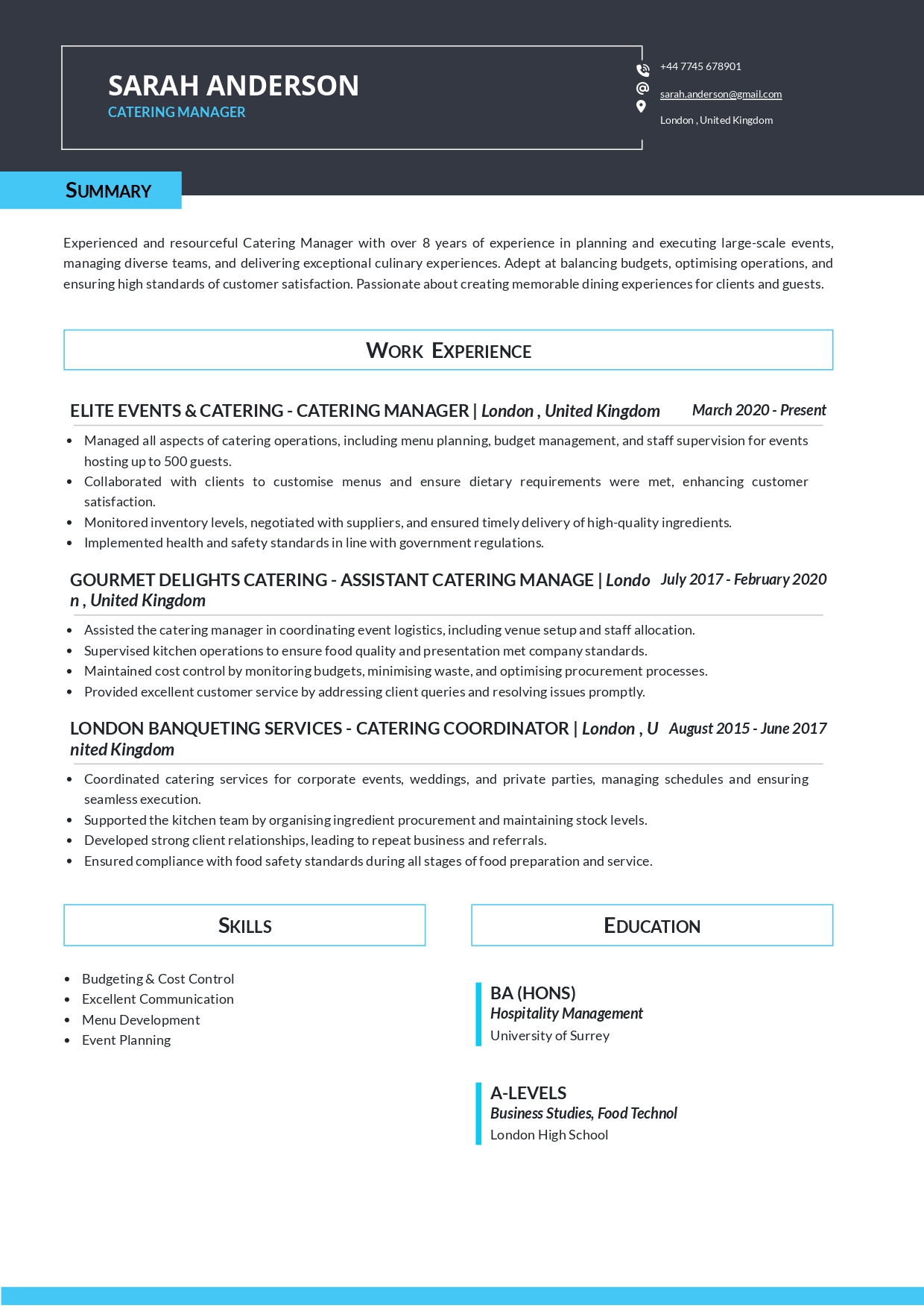 Catering Manager Resume