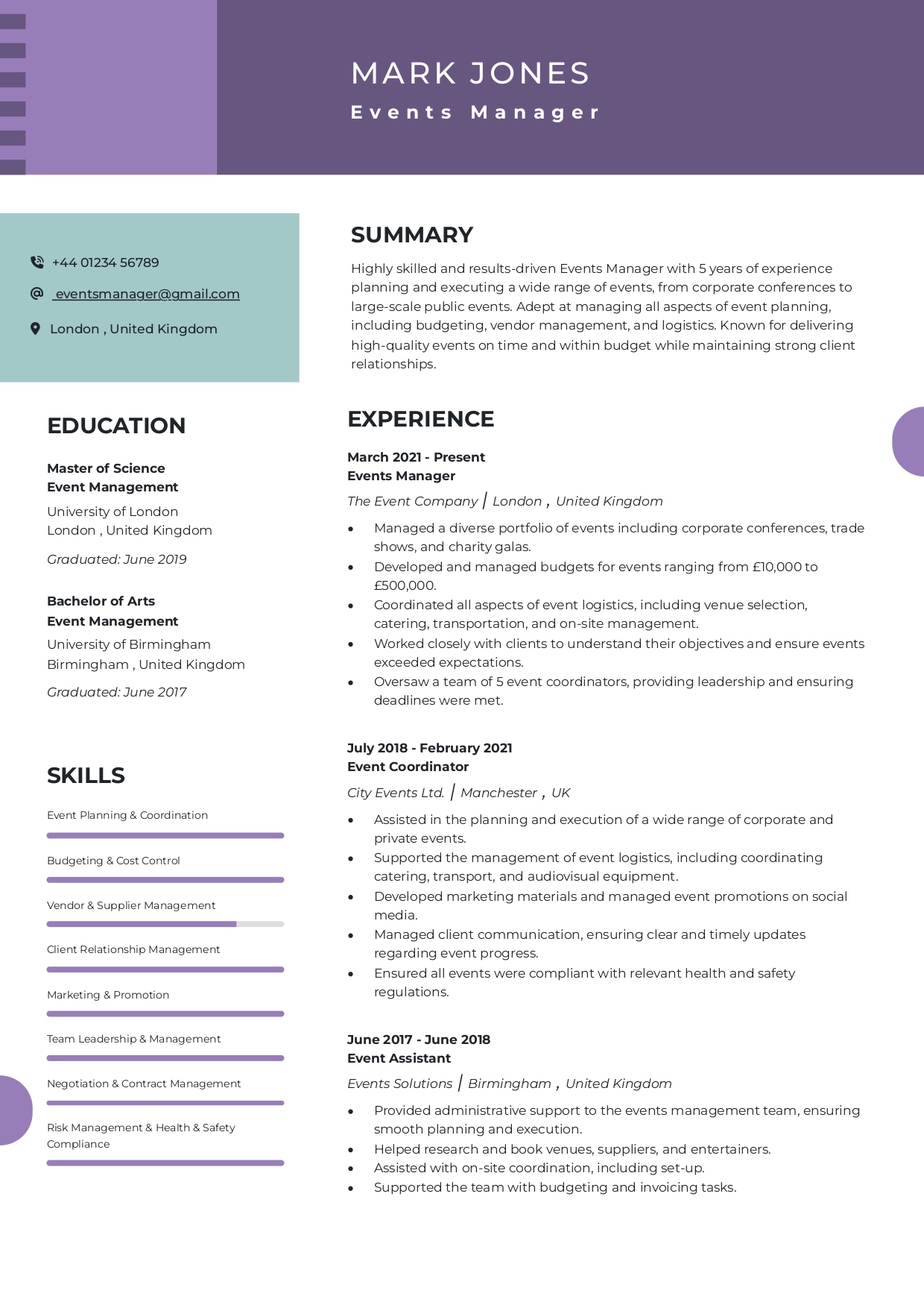 Events Manager Resume
