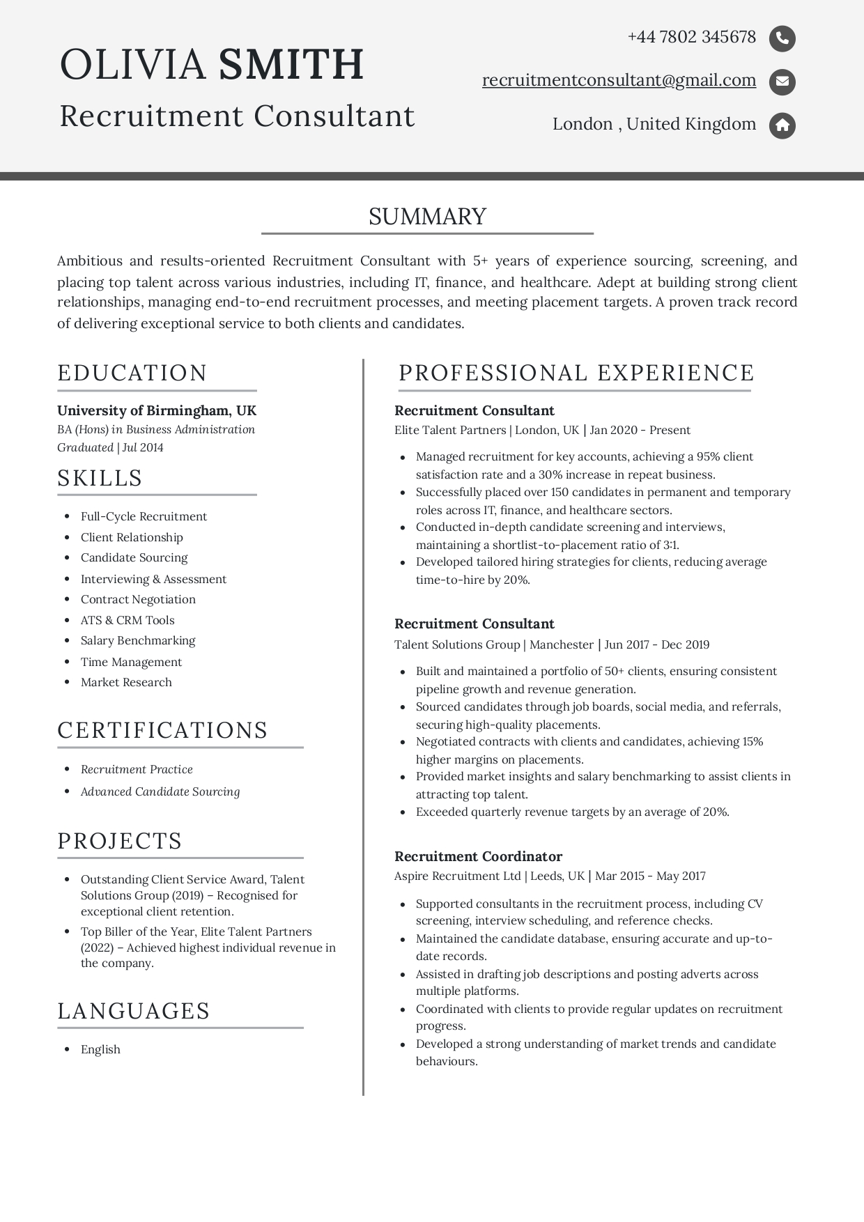 Recruitment Consultant Resume