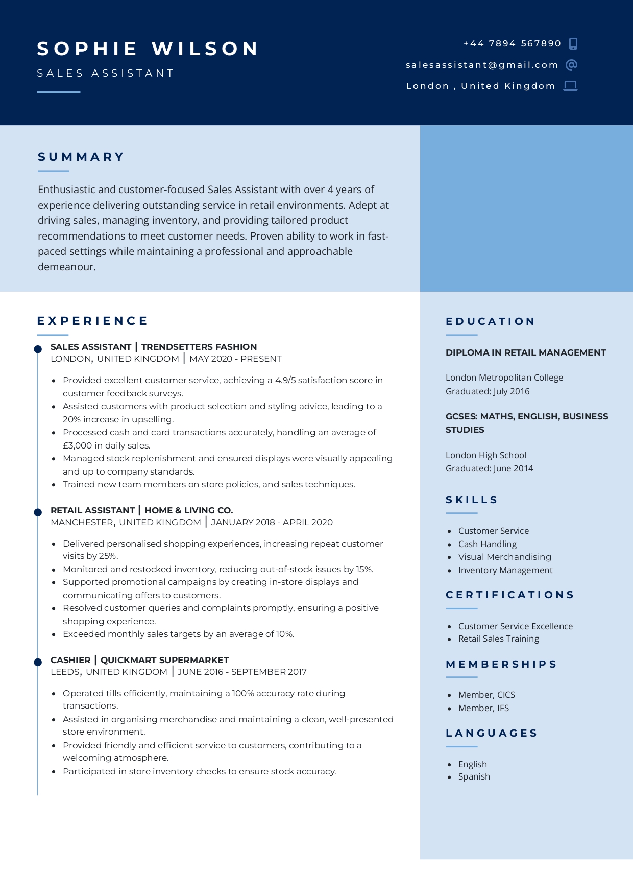 Sales Assistant Resume