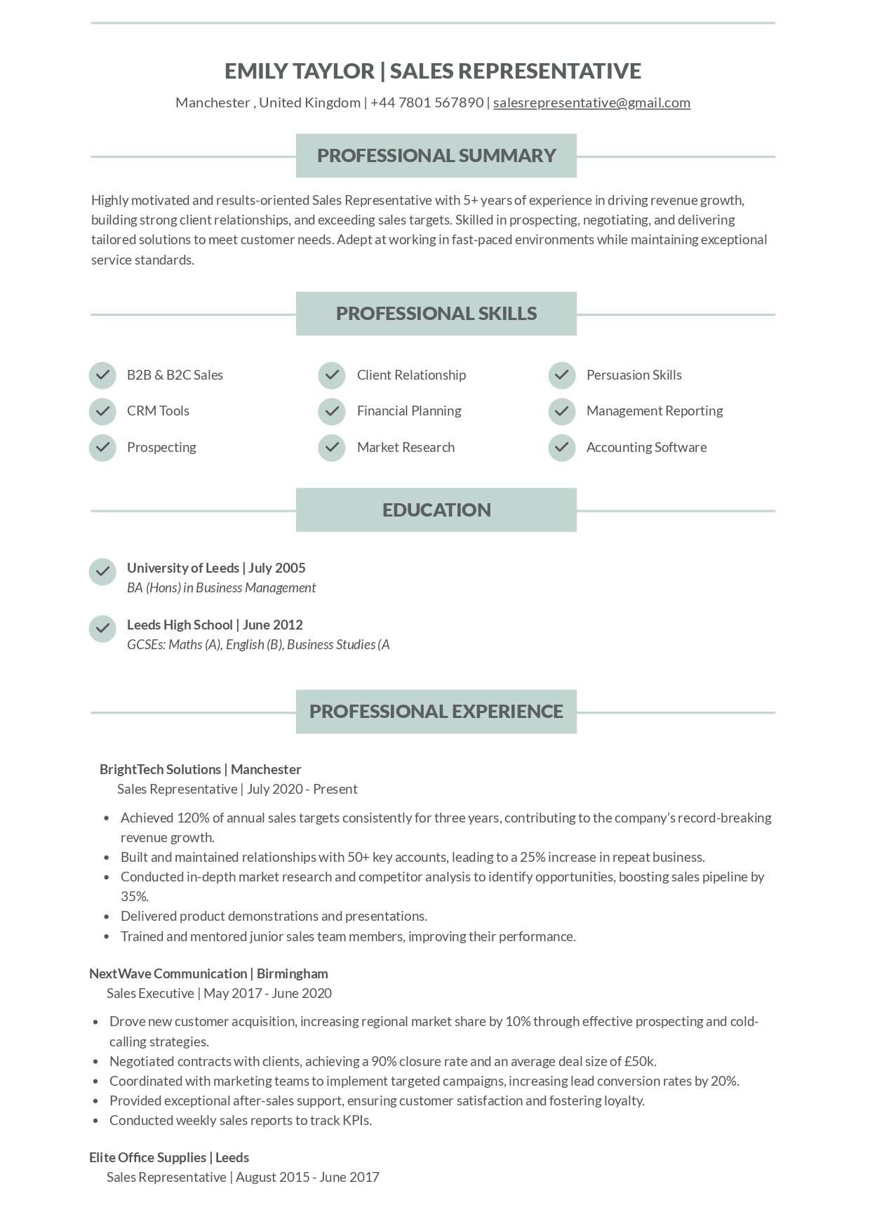 Sales Representative Resume