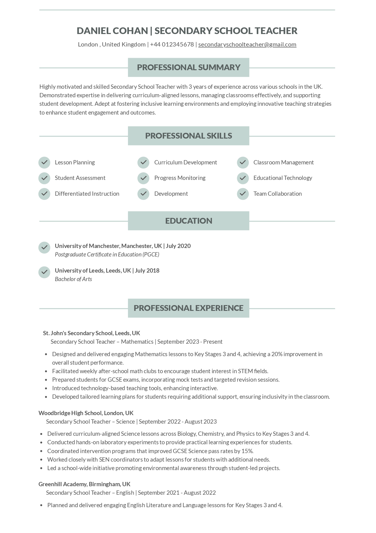 Secondary School Teacher Resume