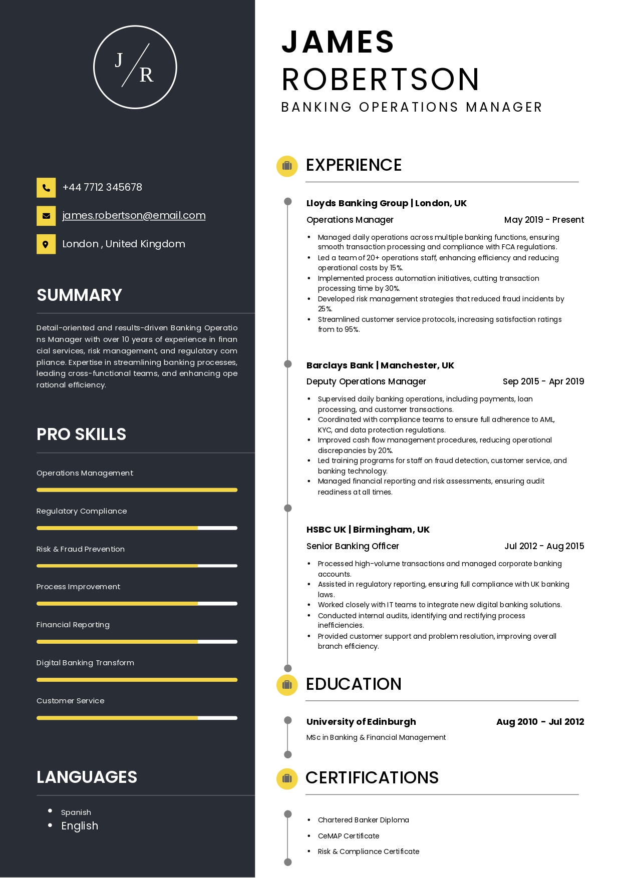 Banking Operations Manager Resume