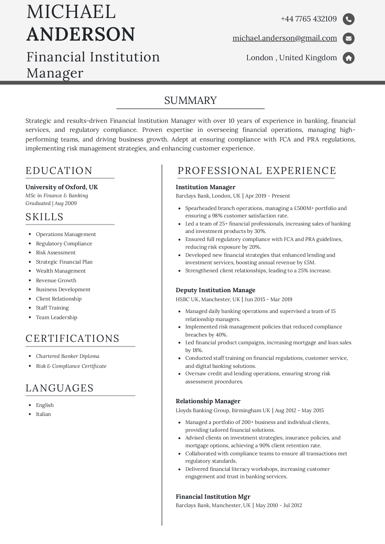 Financial Institution Manager Resume