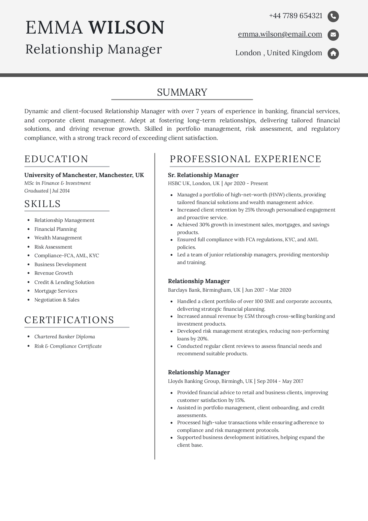 Relationship Manager Resume